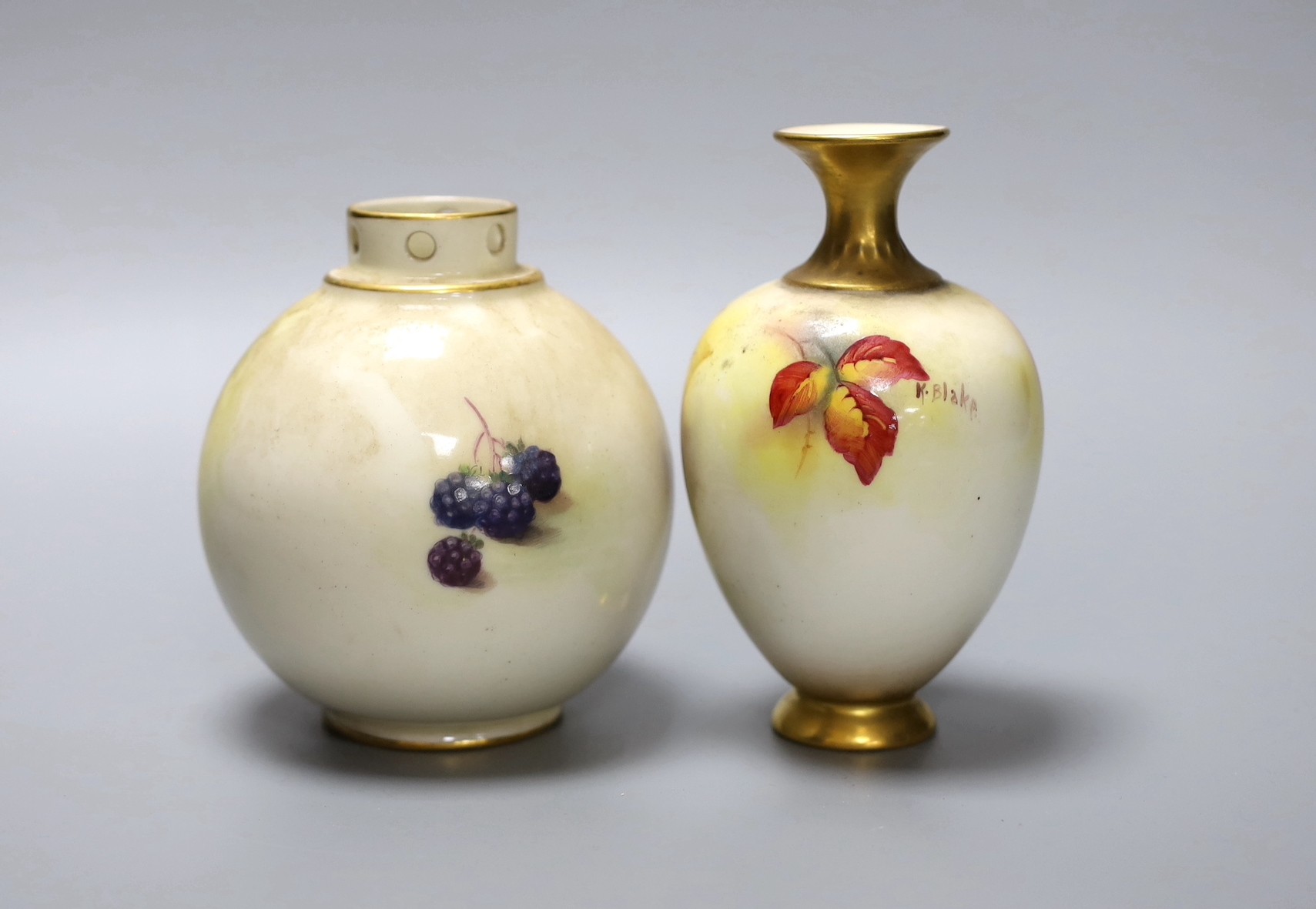 Two hand painted Royal Worcester vases, the taller signed K.Blake, the other signed H.Price, tallest 13cm